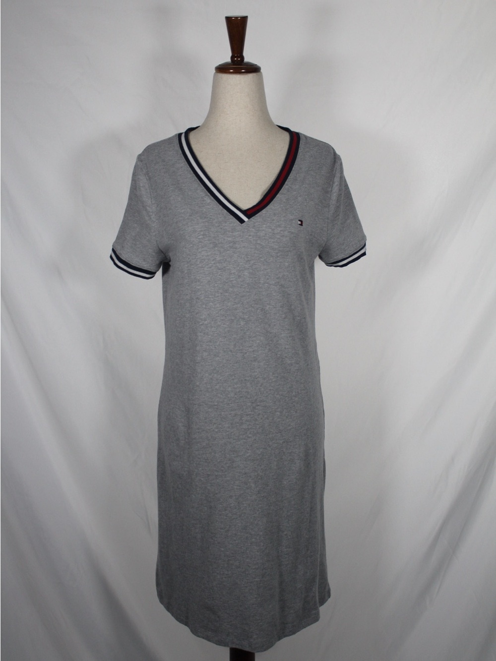 Tommy Hilfiger Gray Knit V-Neck Mini Dress with Navy and Red Trim